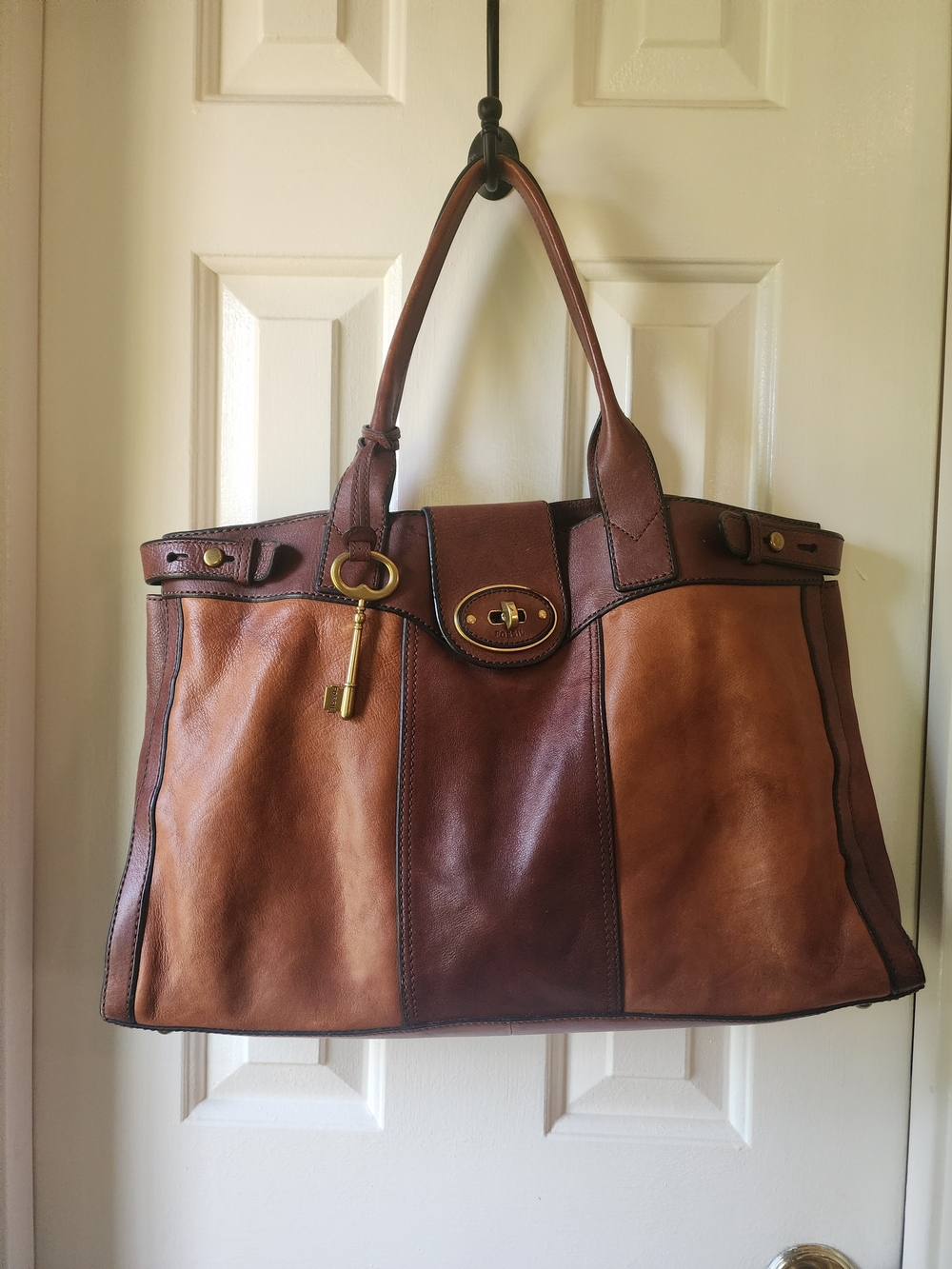 FOSSIL Vintage Two-Tone Brown Leather Tote Bag